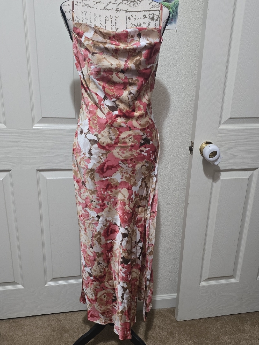 Floral Pink and Cream Slip Dress, Silky Flowy, Wedding, Small, NWOT
